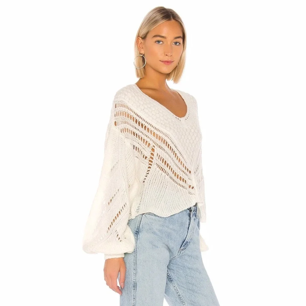 Free‎ People Ivory Snowball Cropped Sweater Wool Blend Open Knit Boho Chic Sz XS